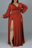 Red Fashion Sexy Solid Frenulum Slit V Neck Long Sleeve Plus Size Dresses