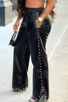 Black Fashion Casual Solid Split Joint Slit Regular High Waist Trousers