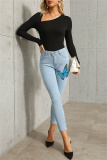 Baby Blue Fashion Casual Butterfly Print Basic Mid Waist Skinny Denim Jeans