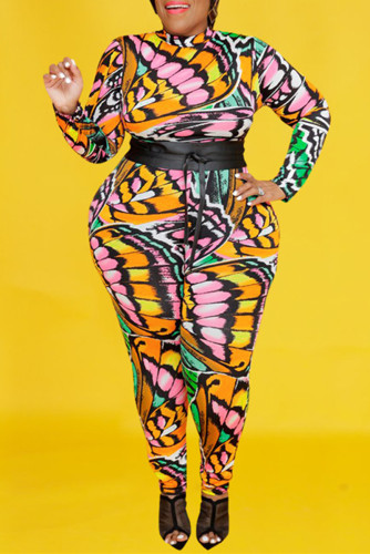 Multicolor Fashion Casual Print With Belt O Neck Plus Size Jumpsuits