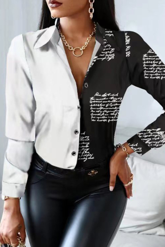 White Black Fashion Casual Print Patchwork Turndown Collar Tops