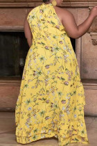 Yellow Sexy Casual Plus Size Solid Asymmetrical O Neck Sleeveless Dress