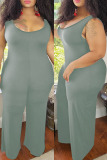 Green Fashion Casual Solid Basic O Neck Regular Jumpsuits
