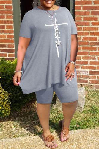 Grey Fashion Casual Print Basic O Neck Plus Size Two Pieces