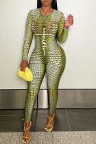 Earth Yellow Sexy Print Patchwork O Neck Regular Jumpsuits