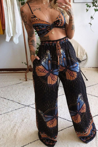 Black Sexy Print Patchwork Spaghetti Strap Sleeveless Two Pieces