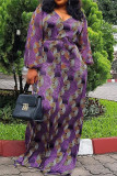 Purple Fashion Casual Print Basic V Neck Long Sleeve Dresses