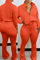 Tangerine Red Casual Solid Split Joint Draw String Zipper Long Sleeve Two Pieces