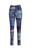 Deep Blue Fashion Casual Print Basic Plus Size Trousers