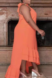 Orange Sexy Casual Plus Size Solid Asymmetrical O Neck Sleeveless Dress