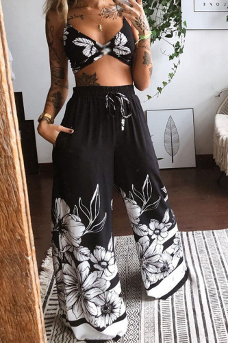 Black White Sexy Print Patchwork Spaghetti Strap Sleeveless Two Pieces