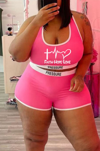 Pink Casual Street Print Patchwork U Neck Plus Size Two Pieces