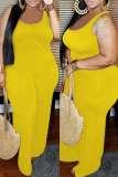 Yellow Fashion Casual Solid Basic O Neck Regular Jumpsuits