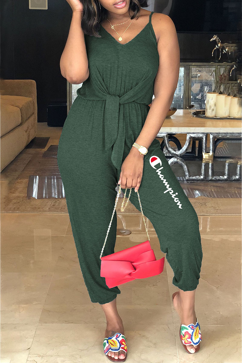 

Army Green Fashion Casual Letter Split Joint V Neck Jumpsuits