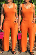 Orange Fashion Casual Solid Basic O Neck Regular Jumpsuits