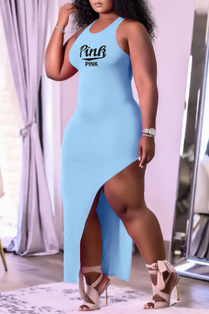 Light Blue Sexy Print Split Joint Backless Slit Asymmetrical O Neck Irregular Dress Dresses