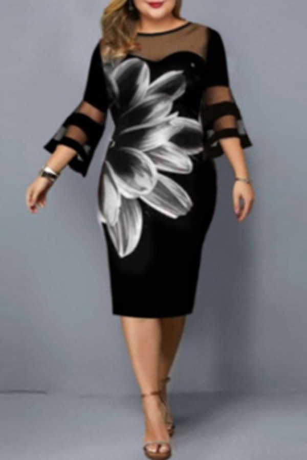 White Elegant Print Patchwork O Neck One Step Skirt Plus Size Dresses