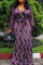 Purple Fashion Casual Print Basic V Neck Long Sleeve Dresses