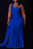 Royal Blue Sexy Solid Patchwork Asymmetrical Collar Evening Dress Plus Size Dresses