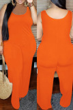 Orange Fashion Casual Solid Basic O Neck Regular Jumpsuits