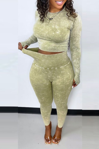 Army Green Casual Sportswear Print Patchwork O Neck Long Sleeve Two Pieces