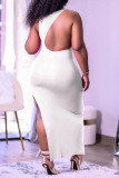 White Sexy Print Patchwork Backless Slit Asymmetrical O Neck Irregular Dress Dresses