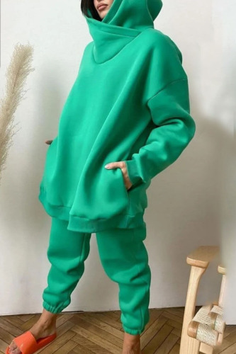 Green Casual Solid Patchwork Hooded Collar Long Sleeve Two Pieces