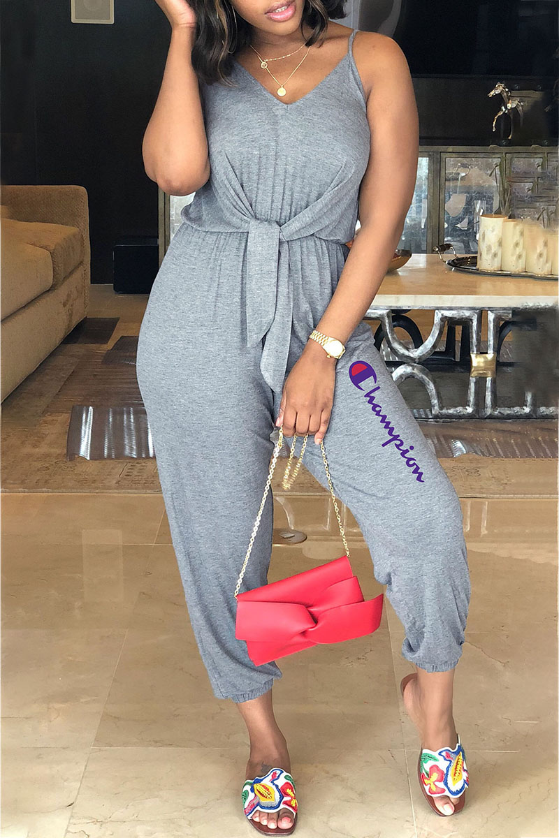 

Grey Fashion Casual Letter Split Joint V Neck Jumpsuits