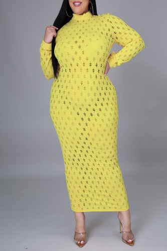 Yellow Sexy Solid Hollowed Out Patchwork V Neck One Step Skirt Dresses
