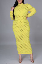 Yellow Sexy Solid Hollowed Out Patchwork V Neck One Step Skirt Dresses