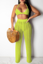 Green Yellow Sexy Solid Hollowed Out Split Joint Halter Sleeveless Two Pieces