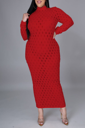 Red Sexy Solid Hollowed Out Patchwork V Neck One Step Skirt Dresses