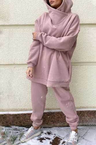Pink Casual Solid Patchwork Hooded Collar Long Sleeve Two Pieces