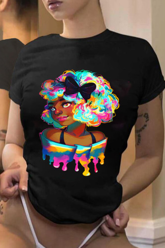 Black Fashion Casual Print Basic O Neck T-Shirts