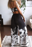 Black White Sexy Print Patchwork Spaghetti Strap Sleeveless Two Pieces