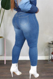 Deep Blue Casual Street Print Patchwork High Waist Denim Jeans