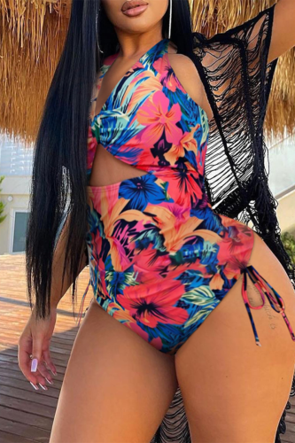 Multicolor Fashion Sexy Print Hollowed Out Backless Cross Straps V Neck Plus Size Swimwear