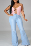 Blue Fashion Casual Solid Ripped Plus Size Jeans