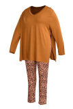 Red Fashion Casual Print Leopard Slit V Neck Plus Size Two Pieces