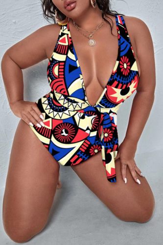 Multicolor Fashion Sexy Print Bandage Backless V Neck Plus Size Swimwear