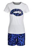 White adult Street Fashion Two Piece Suits Print Lips Print Leopard Straight Short Sleeve