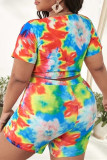 Multicolor Fashion Sexy Print Tie Dye Bandage Draw String V Neck Plus Size Swimwear