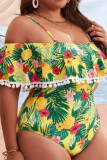 Yellow Fashion Sexy Print Backless Off the Shoulder Plus Size Swimwear