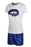 Peacock blue adult Street Fashion Two Piece Suits Print Lips Print Leopard Straight Short Sleeve