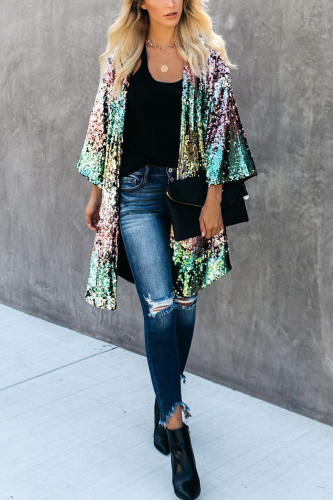 Multi-color Half-Open collar Sequin Patchwork Others Long Sleeve cloak