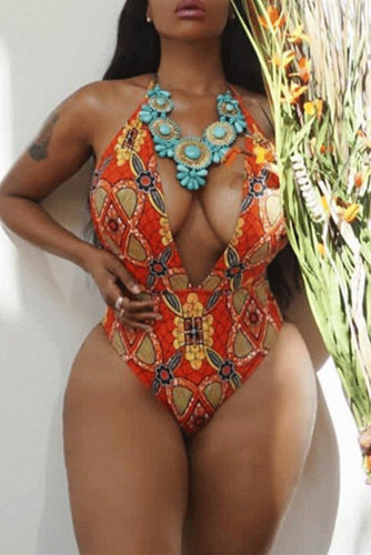 Red Fashion Sexy Print Bandage Backless Swimwears