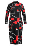 Black Plus Size Fashion Geometric Printing O Neck Wrapped Skirt Plus Size Dresses
