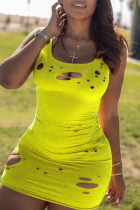 Yellow Sexy Casual Solid Ripped U Neck Vest Dress