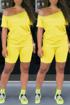 Yellow Fashion Casual Solid Basic Short Sleeve Two Pieces