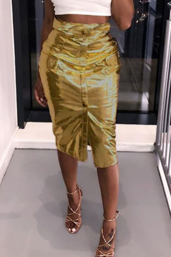 Gold PU Button Fly Mid Patchwork Solid Regular Capris Skirts